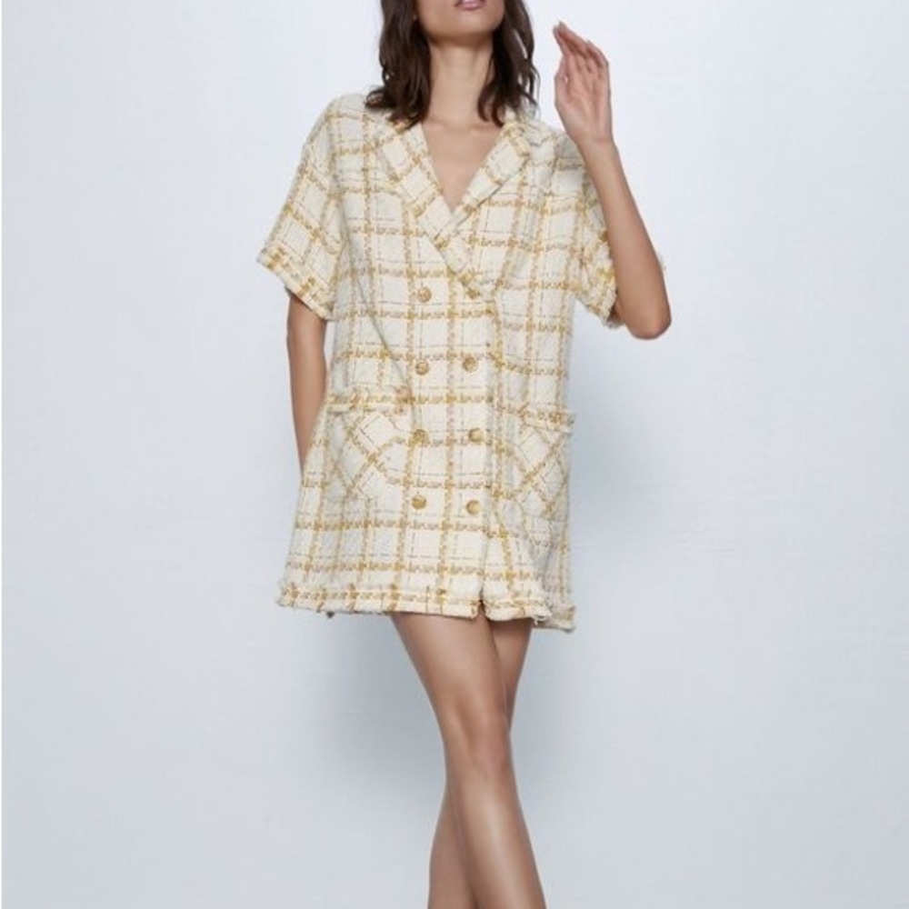 Zara Gold Button Double Breasted Tweed Blazer Dress